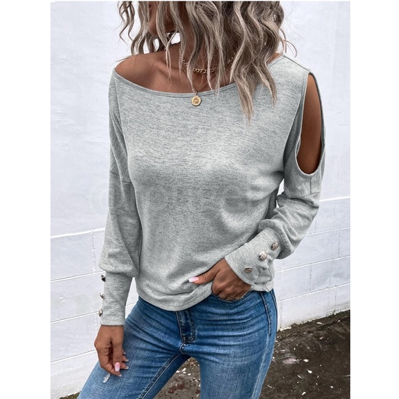 One Cold Shoulder Asymmetric Boat Neck Grey Long Sleeve Tee Shirt - Picture 3 of 9